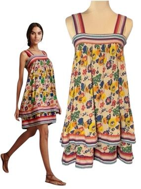 WARM NY Babydoll Mini Dress Sz.XS Tiered Floral Smocked Back Sundress Boho